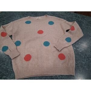 WoolOvers 100% Lambswool Knit Sweater Tan Beige Colorful Dots Womens Sz Small